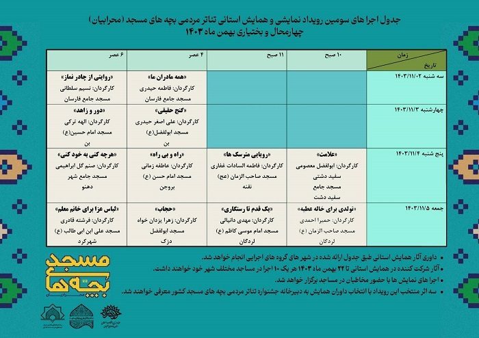 سومین رویداد نمایشی تئاتر بچه های مسجد «محرابیان» در چهارمحال و بختیاری برگزار می شود